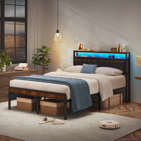 Full Size Metal Platform Bed Frame with Adjustable Upholstered Headboard HouseOfZazla