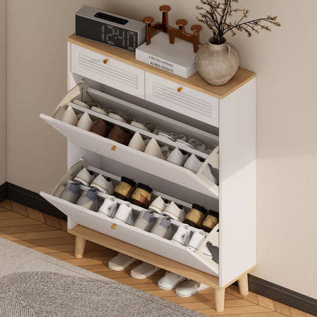 Modern Freestanding Shoe Cabinet With Flip Up Doors And Drawers, Compact Design For Entryway - White Natural HouseOfZazla