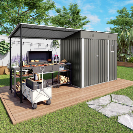 Lean To Shed With Open Sided Pergola, Outdoor Storage Shed & Attached Hardtop Gazebo Combo - Gray HouseOfZazla