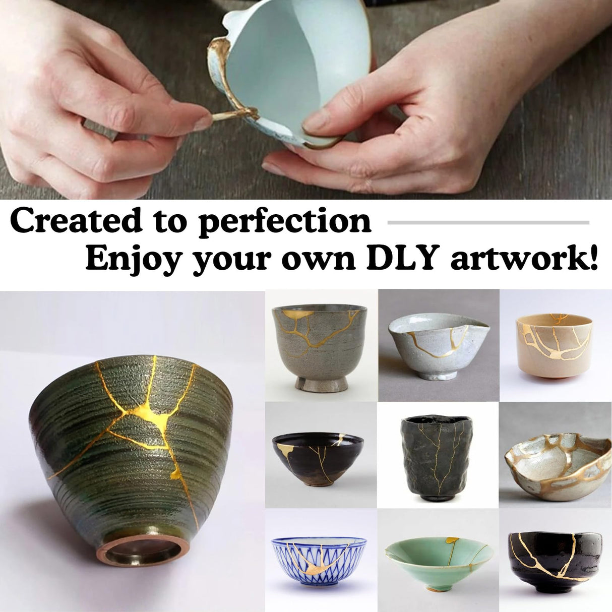 Alckijy Kintsugi Repair Kit Gold & Sliver, 21 Pcs Ceramic Repair Kit, Repair Your Meaningful Porcelain with Ease, Safe Bio Resin, Perfect for Beginners, Dishwasher Safe Alckijy