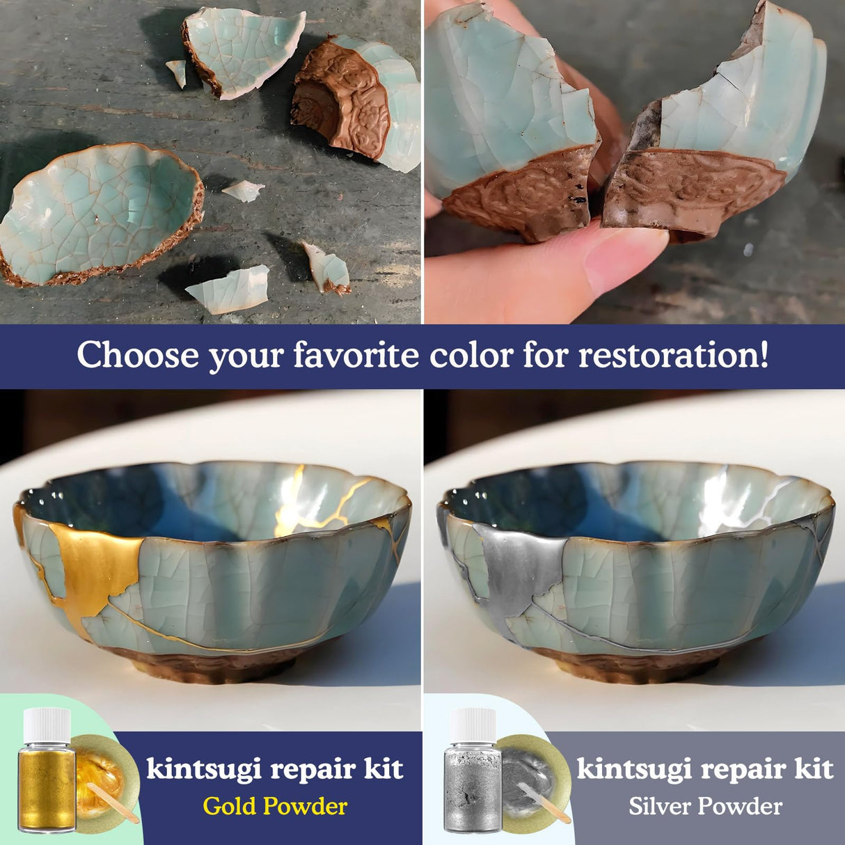 Alckijy Kintsugi Repair Kit Gold & Sliver, 21 Pcs Ceramic Repair Kit, Repair Your Meaningful Porcelain with Ease, Safe Bio Resin, Perfect for Beginners, Dishwasher Safe Alckijy