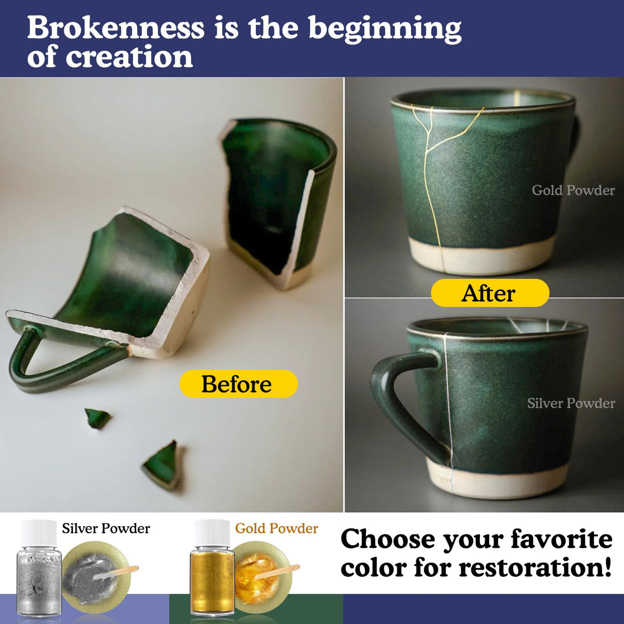 Alckijy Kintsugi Repair Kit Gold & Sliver, 21 Pcs Ceramic Repair Kit, Repair Your Meaningful Porcelain with Ease, Safe Bio Resin, Perfect for Beginners, Dishwasher Safe Alckijy