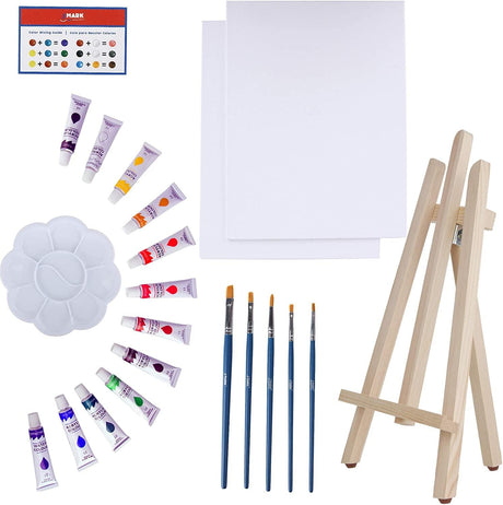 Art Canvas Paint Set 22-Piece Canvas Acrylic Kit with Wood Easel, 8X10 Inch Canvases, 12 Non Toxic Washable Paints, 5 Brushes, Palette WoodArtSupply