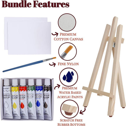 Art Canvas Paint Set 22-Piece Canvas Acrylic Kit with Wood Easel, 8X10 Inch Canvases, 12 Non Toxic Washable Paints, 5 Brushes, Palette - WoodArtSupply