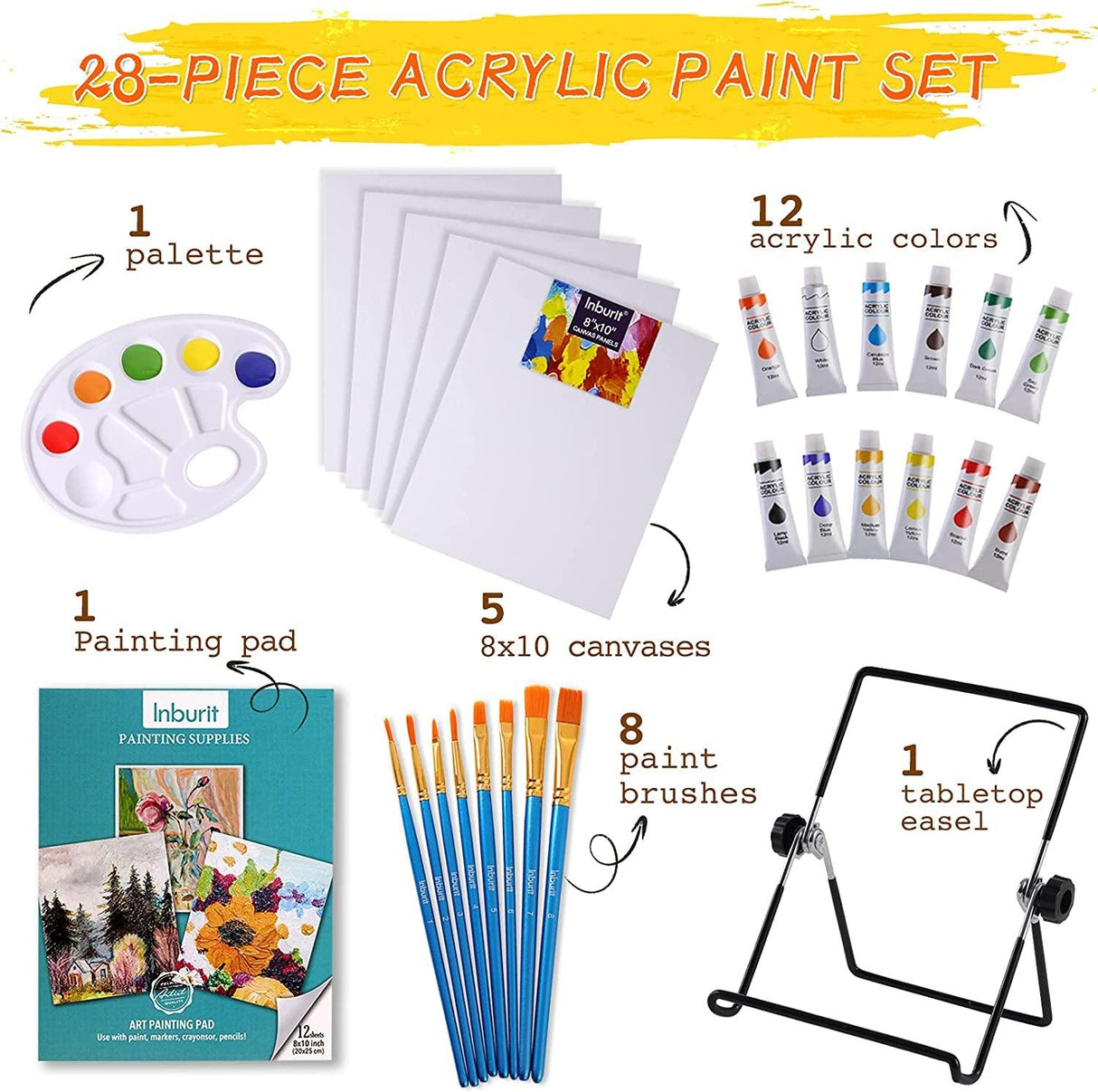 Art Paint Set for Kids, Painting Supplies Kit with 5 Canvas Panels, 8 Brushes, 12 Acrylic Paints, Multi-Function Table Easel WoodArtSupply
