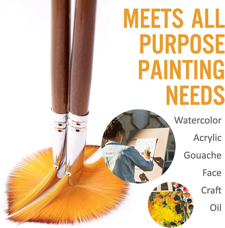 Artist Paint Brushes Set 9Pcs Soft Anti-Shedding Nylon Hair Wood Long Handle for Acrylic Watercolor Oil Gouche Painting WoodArtSupply