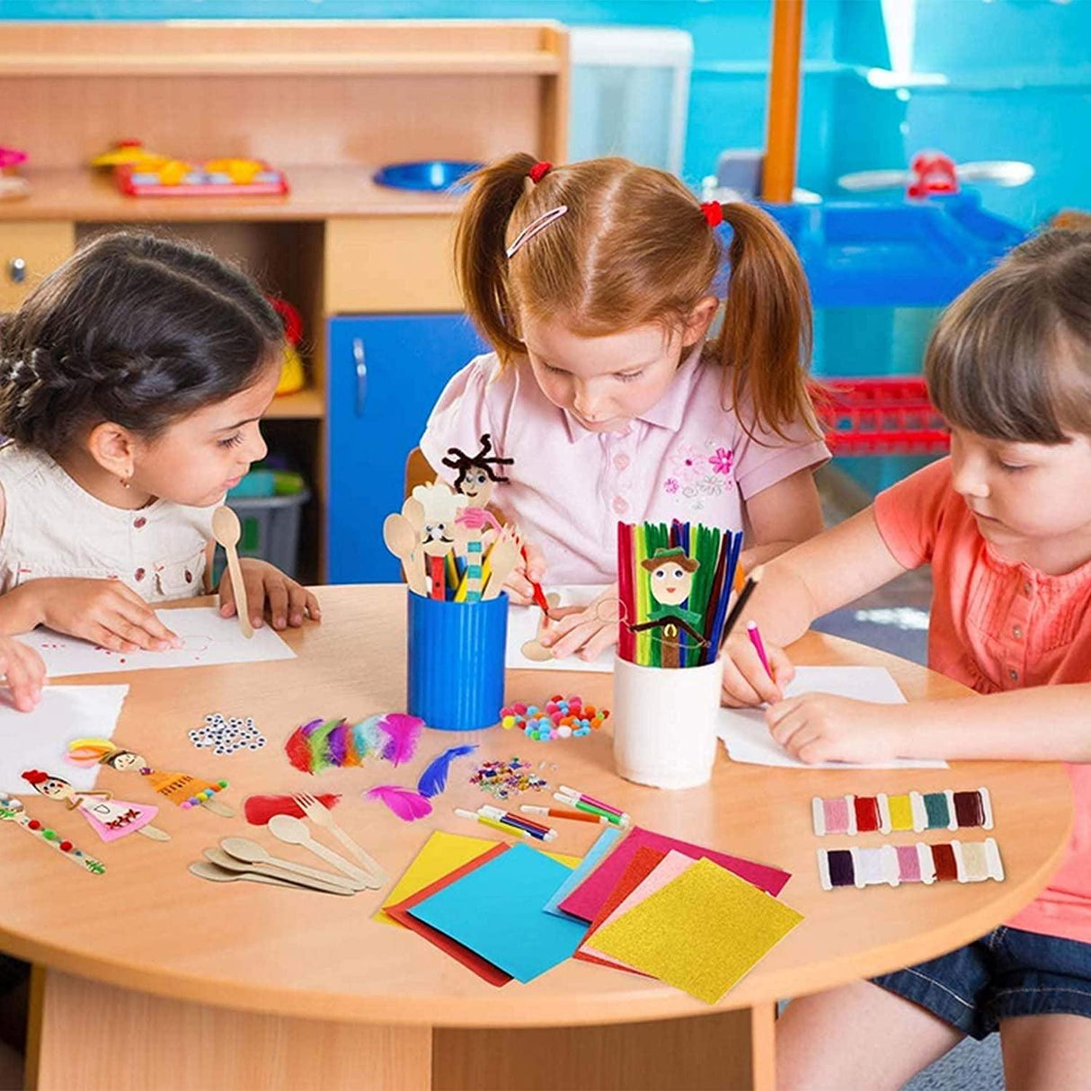 Arts Craft Supplies for Kids 1000+ PCS DIY Craft Set Pipe Cleaners, Pom Poms, Pony Beads, Googly Eyes, Storage Box WoodArtSupply