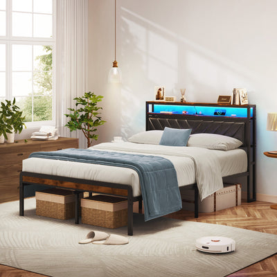 Full Size Metal Platform Bed Frame with Adjustable Upholstered Headboard