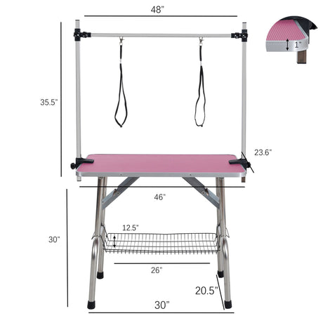 Folding Dog Pet Grooming Table Stainless Steel Frame Rubber Mat On Board With Adjustable Arm And Clamps Pet Dog Cat Grooming Table HouseOfZazla