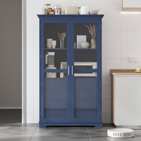Kitchen Pantry, Freestanding Kitchen Storage Cabinet Display Cabinet With Glass Doors And 4 Built In Drawers For Living Room, Home Office - Blue HouseOfZazla