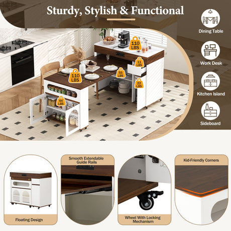 Extendable Dining Table With Folding Top, Rolling Kitchen Island With Drawers And Power Outlet HouseOfZazla