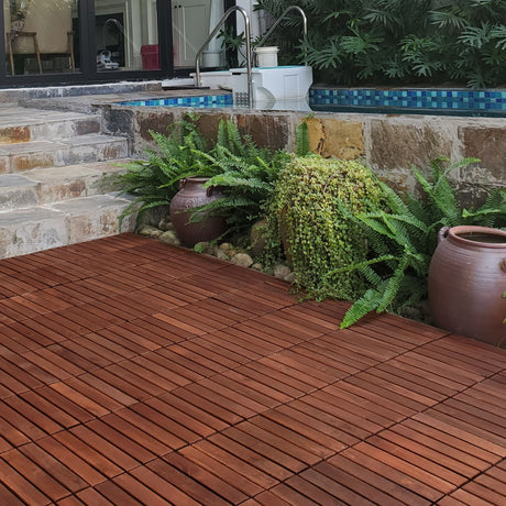 Interlocking Deck Tiles Striped Pattern, Square Acacia Hardwood Outdoor Flooring For Patio, Bancony, Pool Side HouseOfZazla