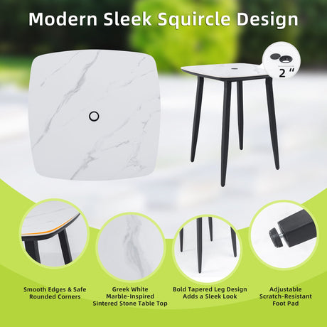 Outdoor Bar Table, Rounded Square Sintered Stone Top With Umbrella Hole, Rust Free Frame, Weatherproof - Ember Black / White HouseOfZazla