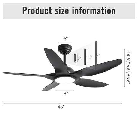 Ceiling Fan With Dimmable LED Light And Remote Control, 5 Blades DC Motor - Black HouseOfZazla