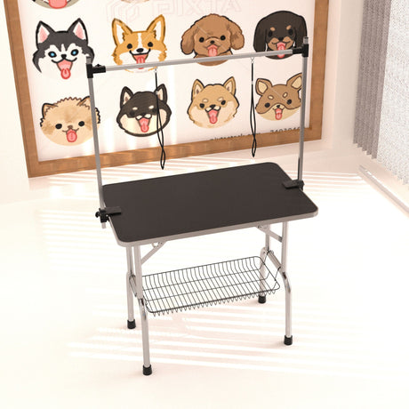 Professional Dog Pet Grooming Table Adjustable Heavy Duty Portable With Arm & Noose & Mesh Tray - Black HouseOfZazla