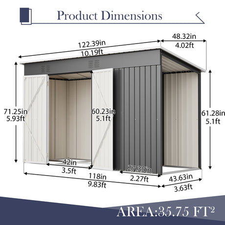 10'x4' Outdoor Metal Storage Shed for Garden Tools Lockable Door With Floor Frame HouseOfZazla