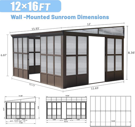 12x16FT All Season Sunroom with Detachable Polycarbonate Windows HouseOfZazla