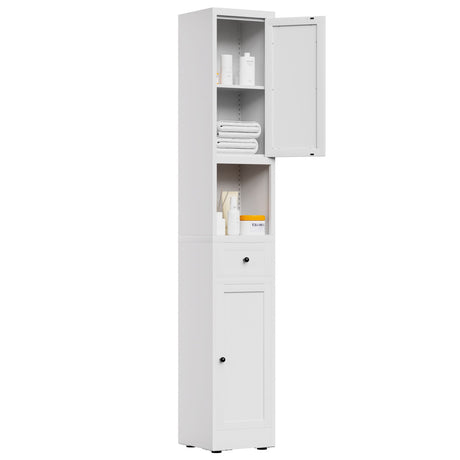 Tall Bathroom Storage Cabinet, 5-Tier Narrow With 2 Doors & Adjustable Shelves, Freestanding - White HouseOfZazla