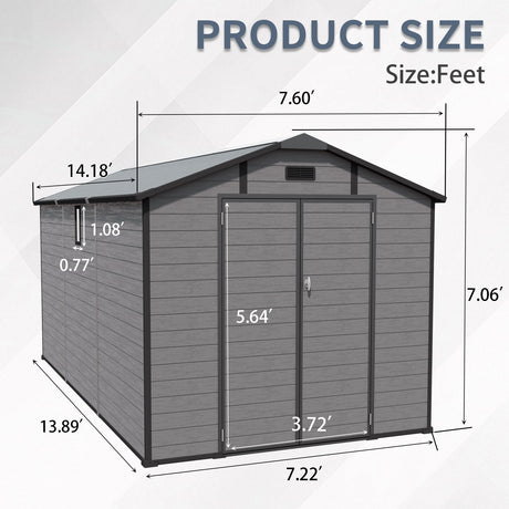 8x14 FT Plastic Outdoor Storage Shed - Lockable Resin Tool Shed with 2 Window & 3 Air vents HouseOfZazla
