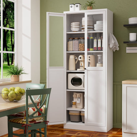 Tall Metal Kitchen Pantry Cabinet With Adjustable Shelves And Silent Magnetic Doors - White HouseOfZazla
