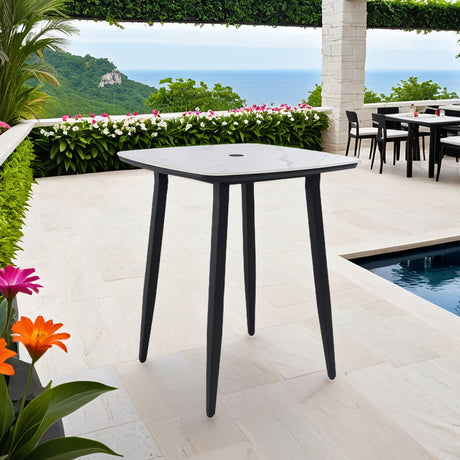 Outdoor Bar Table, Rounded Square Sintered Stone Top With Umbrella Hole, Rust Free Frame, Weatherproof - Ember Black / White HouseOfZazla