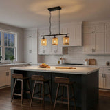 Elysian - 3 Lights Island With Natural Shade Farmhouse Chain Ceiling Lamp - Black / Rattan