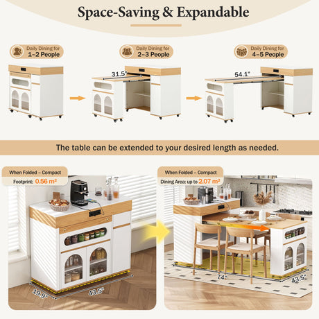 Extendable Dining Table With Folding Top, Rolling Kitchen Island With Drawers And Power Outlet HouseOfZazla