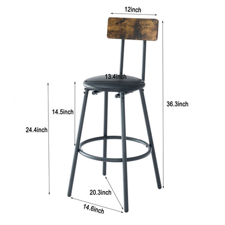Rustic Brown Round Bar Table And Stool Set With Shelf, Upholstered Stool With Backrest - Antique Brown HouseOfZazla