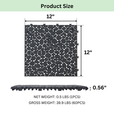 Interlocking Deck Tiles Plastic Waterproof Outdoor All Weather Anti-Slip Bathroom Shower Balcony Porch Strong Weight Capacity Upto 440 Lbs, Pebble Stone Pattern HouseOfZazla