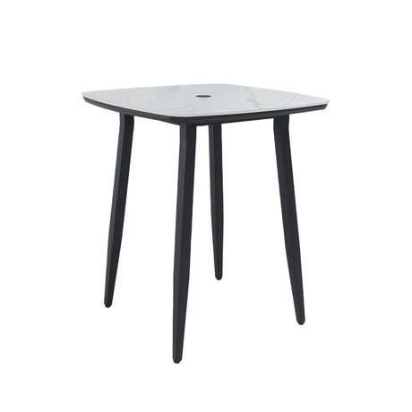 Outdoor Bar Table, Rounded Square Sintered Stone Top With Umbrella Hole, Rust Free Frame, Weatherproof - Ember Black / White HouseOfZazla