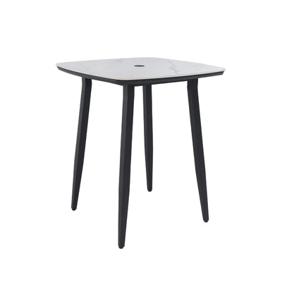 Outdoor Bar Table, Rounded Square Sintered Stone Top With Umbrella Hole, Rust Free Frame, Weatherproof - Ember Black / White