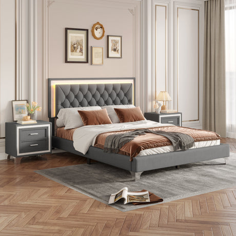 3-Pieces Bedroom Set, Queen Size Upholstered Platform Bed with LED Lights and Two Nightstands - Gray HouseOfZazla