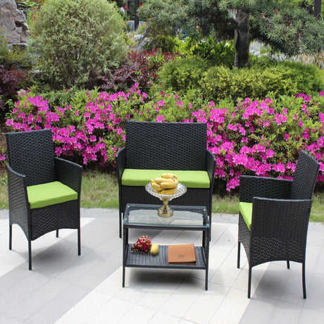 4 PC Rattan Patio Furniture Set Outdoor Cushioned Wicker Sofa Green Cushion HouseOfZazla