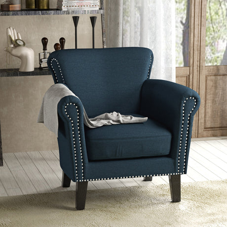 Elegant Navy Blue Fabric Club Chair with Nailhead Trim and Birch Wood Legs HouseOfZazla