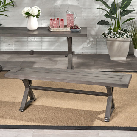 Modern Aluminum Outdoor Dining Bench With X Base - Dark Gray HouseOfZazla