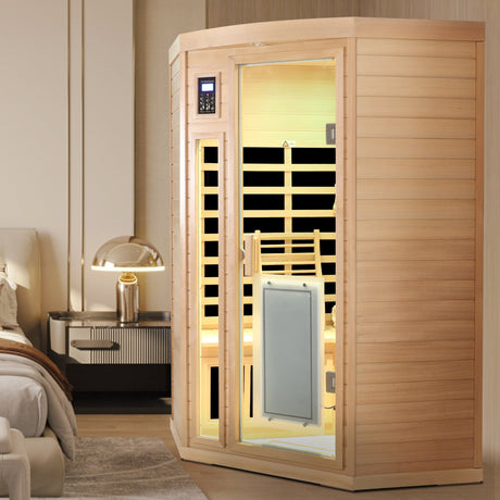 Low EMF, there is also a heating plate on the glass door, can be placed on the pentagon in the corner of the room, Hemlock wood Far-infrared indoor Two person sauna room HouseOfZazla