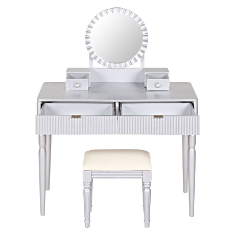 Luxury Vanity Desk With Round Mirror Height Adjustable Dressing Table Set Engineered Wood - Silver HouseOfZazla