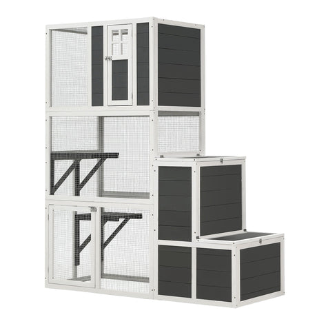 3 Tier Wooden Outdoor & Indoor Cat House Suitable For 1-3 Cats Cat Enclosure Resting Box With 4 Platforms And 2 Doors Cat Shelter Kitty House With A Jump Box For Hiding And Resting Cat Cage - Gray HouseOfZazla