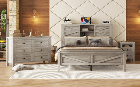 3-Pieces Bedroom Set Queen Size Farmhouse Platform Bed with Storage Headboard and Charging Station HouseOfZazla