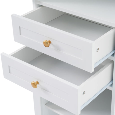 Tall Bathroom Storage Cabinet With Glass Doors, Free-Standing, Two Drawers, And Adjustable Shelves, Board, Painted Perfect For Displaying Your Favorite Items HouseOfZazla