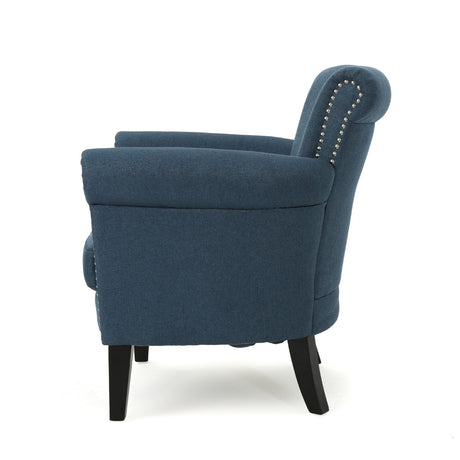 Elegant Navy Blue Fabric Club Chair with Nailhead Trim and Birch Wood Legs HouseOfZazla