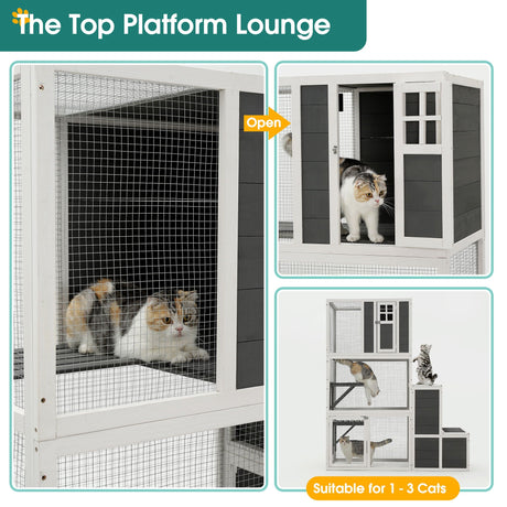 3 Tier Wooden Outdoor & Indoor Cat House Suitable For 1-3 Cats Cat Enclosure Resting Box With 4 Platforms And 2 Doors Cat Shelter Kitty House With A Jump Box For Hiding And Resting Cat Cage - Gray HouseOfZazla