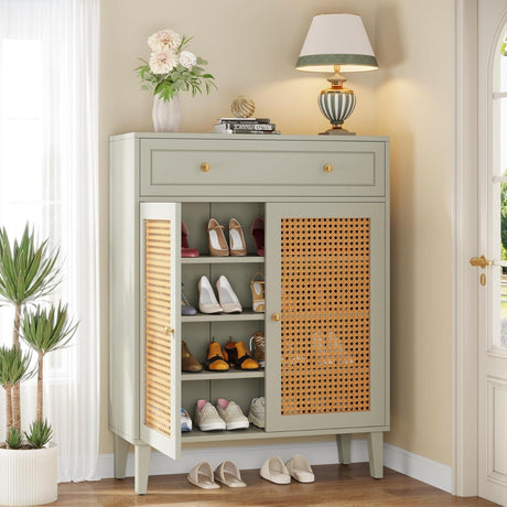 Shoe Cabinet With Rattan Doors And Drawer, 4 Tier Storage Organizer - Mint Green HouseOfZazla