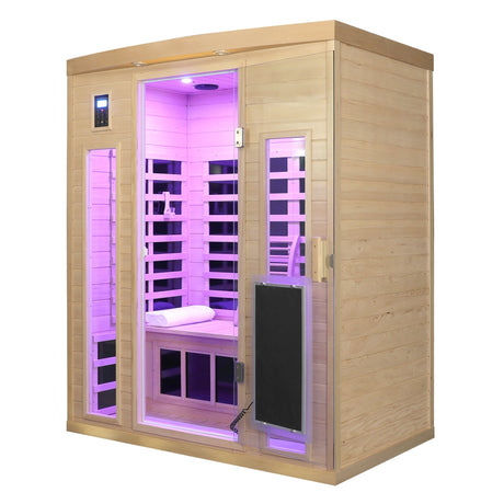 Low EMF, There is also a heating plate on the glass door, Hemlock wood Far-infrared indoor Three person sauna room HouseOfZazla