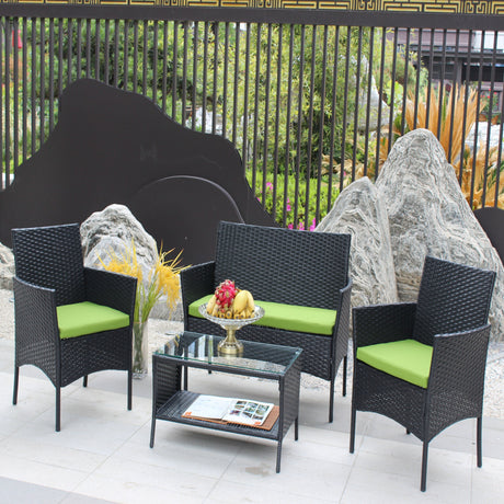 4 PC Rattan Patio Furniture Set Outdoor Cushioned Wicker Sofa Green Cushion HouseOfZazla