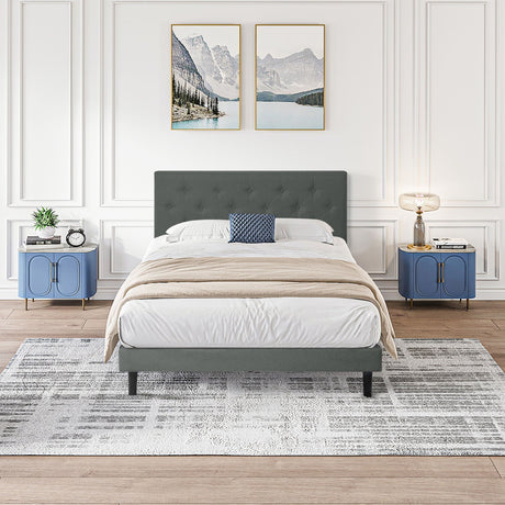 Modern Upholstered Platform Bed Frame With Button Tufted Fabric Headboard HouseOfZazla