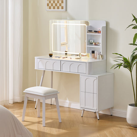 Modern Makeup Vanity Desk With LED Lights & Mirror 4 Drawer Dressing Table Set Space Saving For Bedroom - White HouseOfZazla
