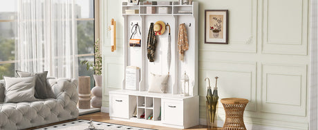5 In 1 Entryway Bench With Coat Rack, 7 Sturdy Hooks, 2 Spacious Drawers And Adjustable Shelves HouseOfZazla