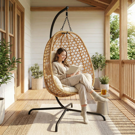 Set of 2 Egg Chairs with Stand - Patio Wicker Hanging Hammock Swing HouseOfZazla