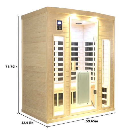 Low EMF, There is also a heating plate on the glass door, Hemlock wood Far-infrared indoor Three person sauna room HouseOfZazla